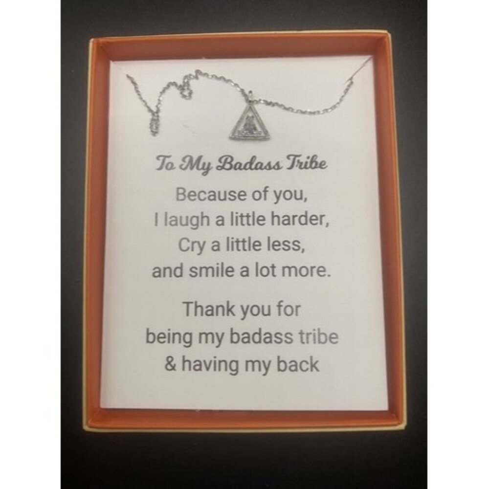 Sterling Silver Trillion CZ Necklace Gift Box NWT To My Badass Tribe  17" + 1.5" - Picture 3 of 6